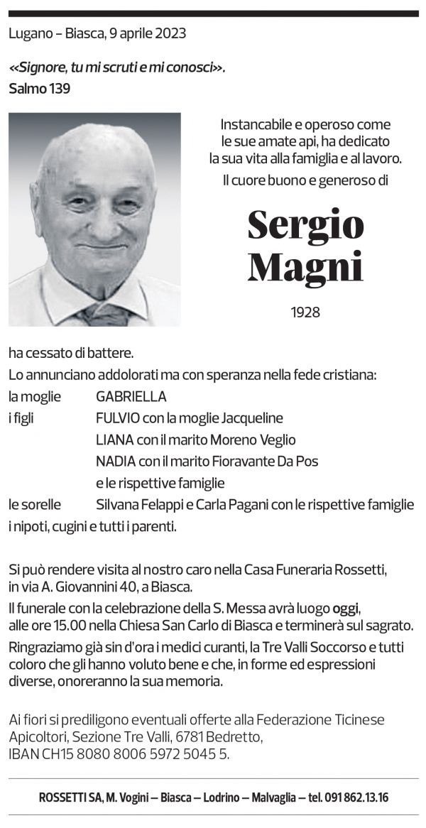 Annuncio funebre Sergio Magni