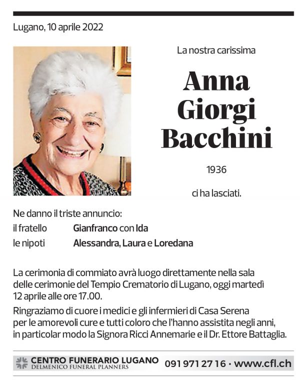 Annuncio funebre Anna Giorgi Bacchini