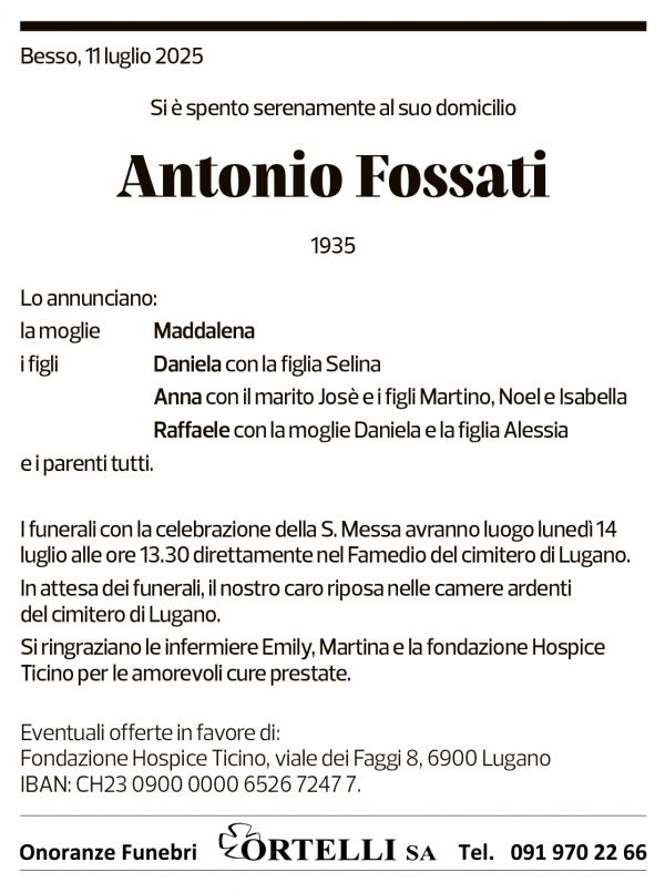 Annuncio funebre Antonio Fossati