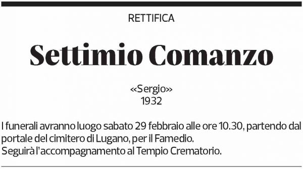 Annuncio funebre Settimio Comanzo