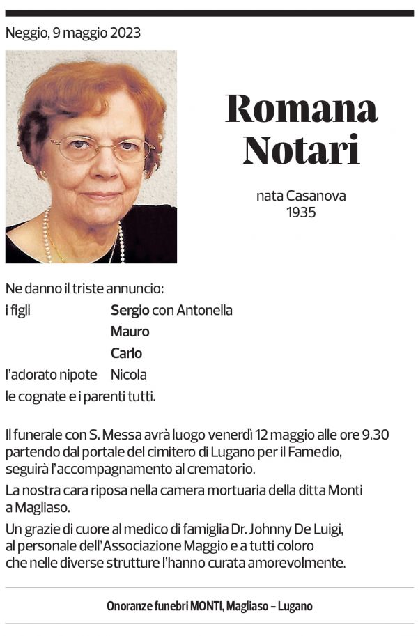 Annuncio funebre Romana Notari