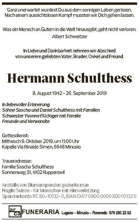 Annuncio funebre Hermann Schultess