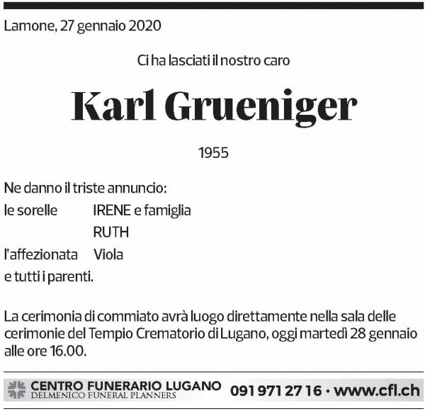 Annuncio funebre Karl Grueniger