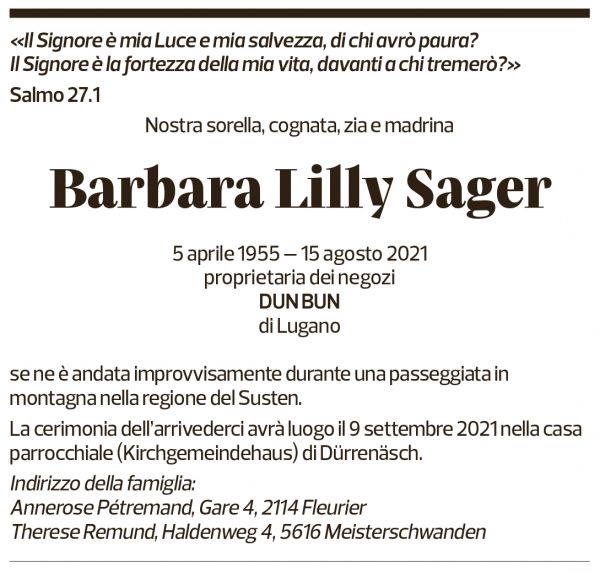 Annuncio funebre Barbara Lilly Sager