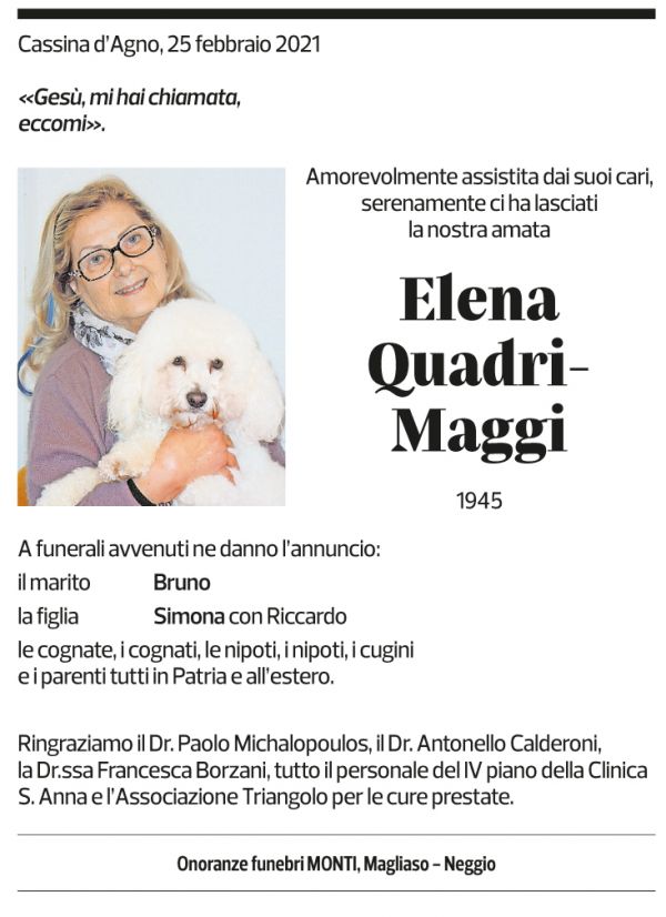 Annuncio funebre Elena Quadri-maggi