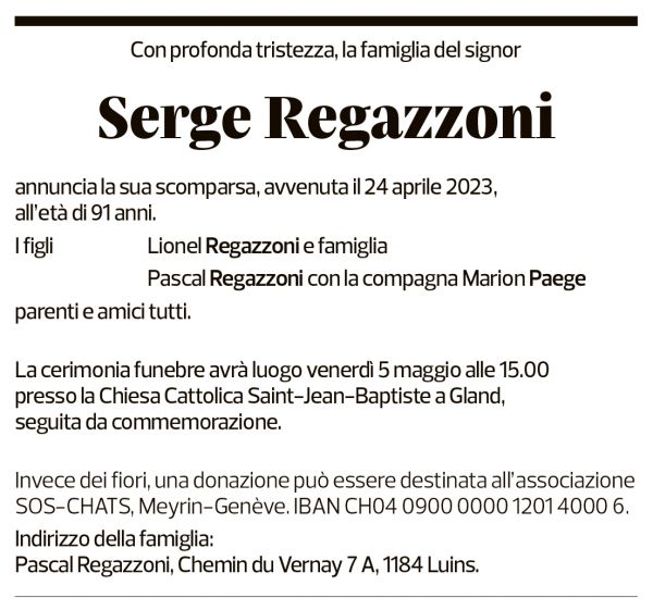 Annuncio funebre Serge Regazzoni