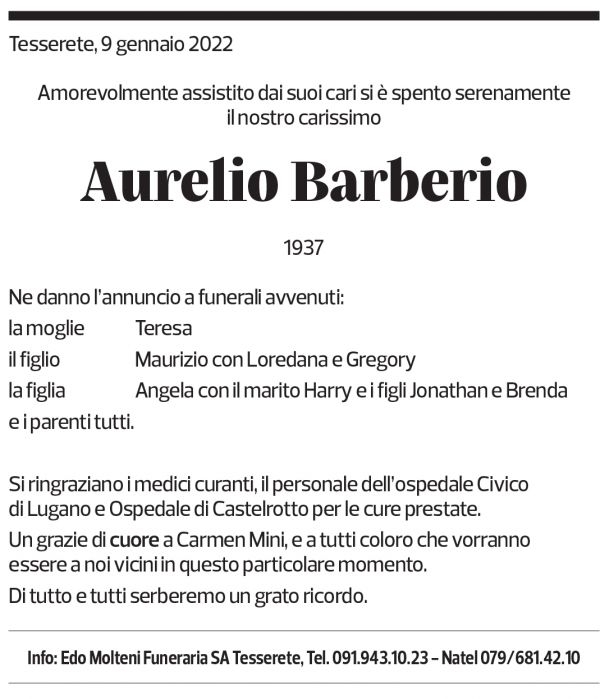 Annuncio funebre Aurelio Barberio