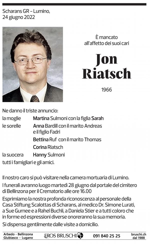 Annuncio funebre Jon Riatsch