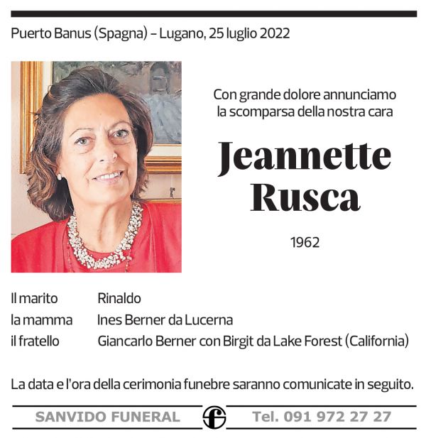 Annuncio funebre Jeannette Rusca