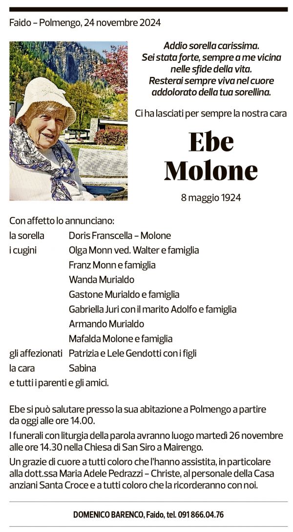 Annuncio funebre Ebe Molone