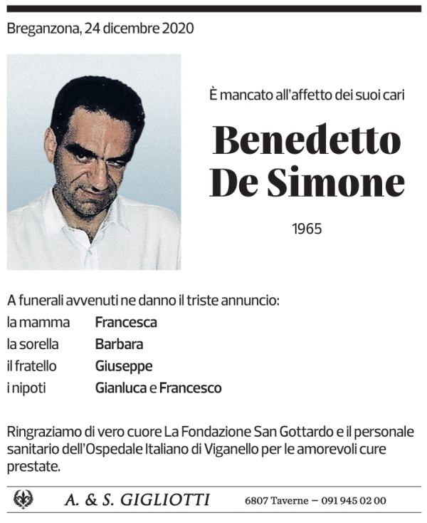 Annuncio funebre Benedetto De Simone