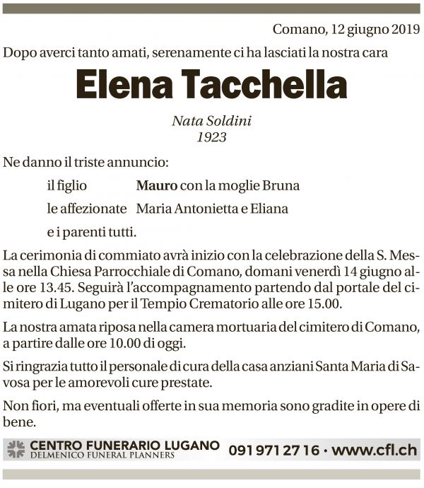 Annuncio funebre Elena Tacchella