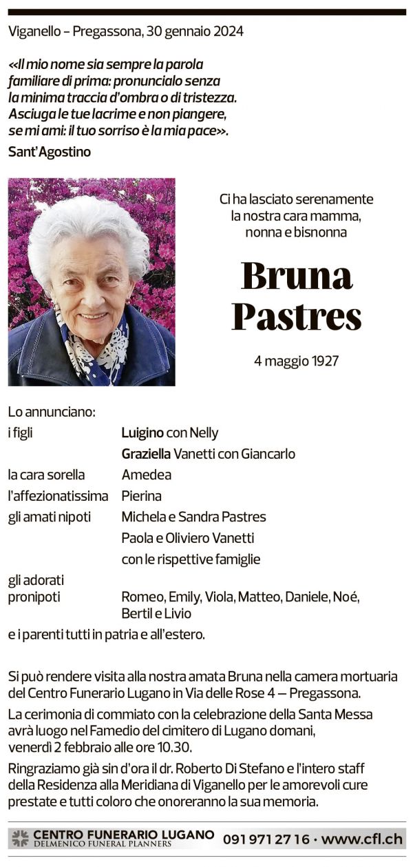 Annuncio funebre Bruna Pastres