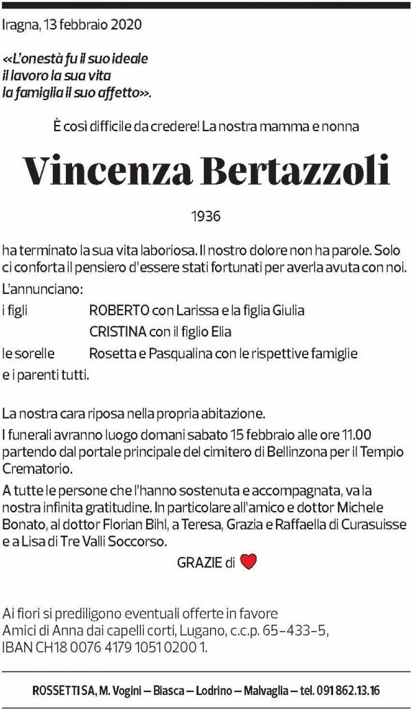 Annuncio funebre Vincenza Bertazzoli