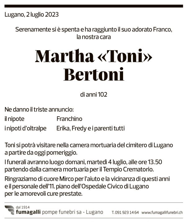 Annuncio funebre Martha "toni" Bertoni