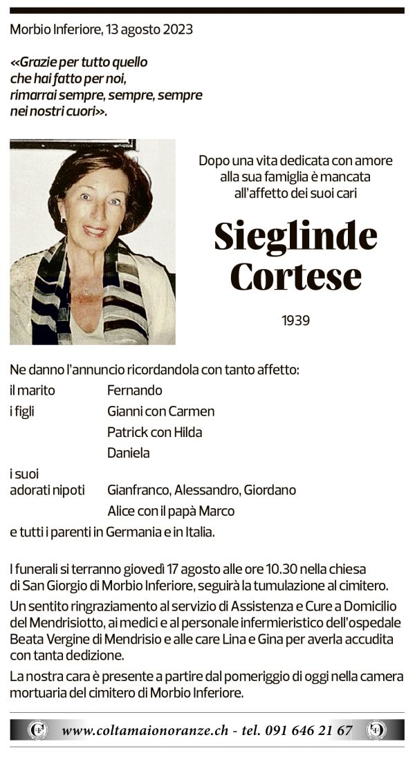 Annuncio funebre Sieglinde Cortese