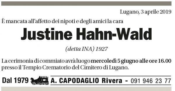 Annuncio funebre Justine Hahn-wald