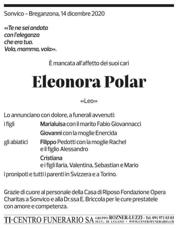 Annuncio funebre Eleonora Polar