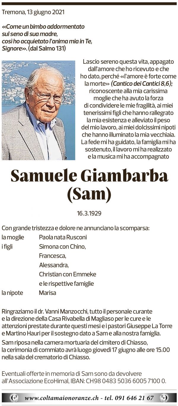 Annuncio funebre Samuele Galimberti