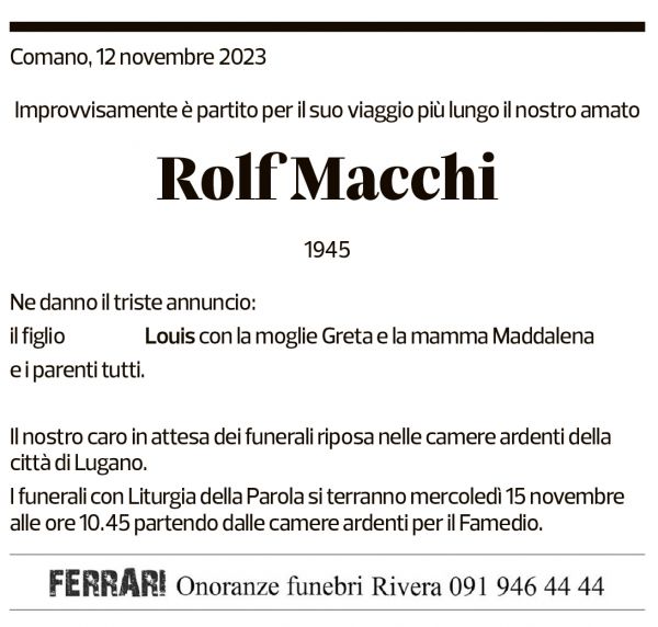 Annuncio funebre Rolf Macchi