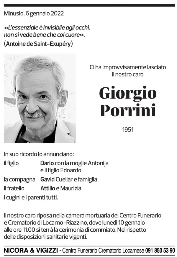 Annuncio funebre Giorgio Porrini