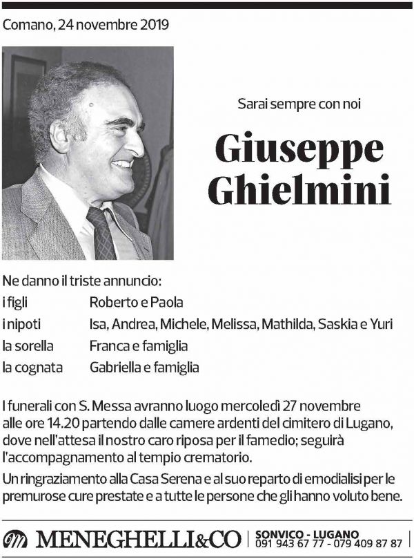 Annuncio funebre Giuseppe Ghielmini