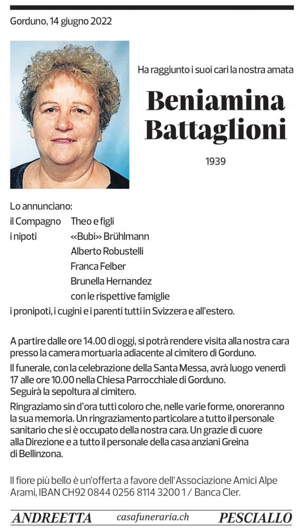 Annuncio funebre Beniamina Battaglioni