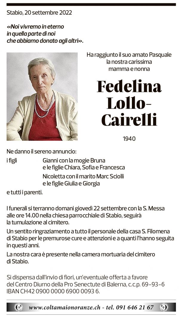 Annuncio funebre Fedelina Lollo-cairelli