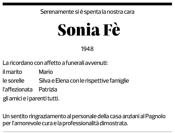 Annuncio funebre Sonia Fè