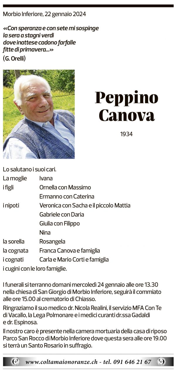 Annuncio funebre Peppino Canova