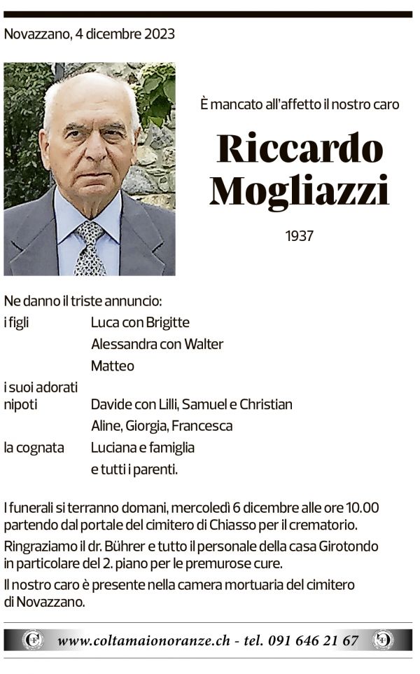 Annuncio funebre Riccardo Mogliazzi