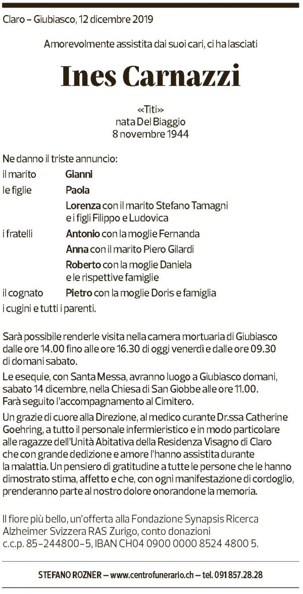 Annuncio funebre Ines Carnazzi
