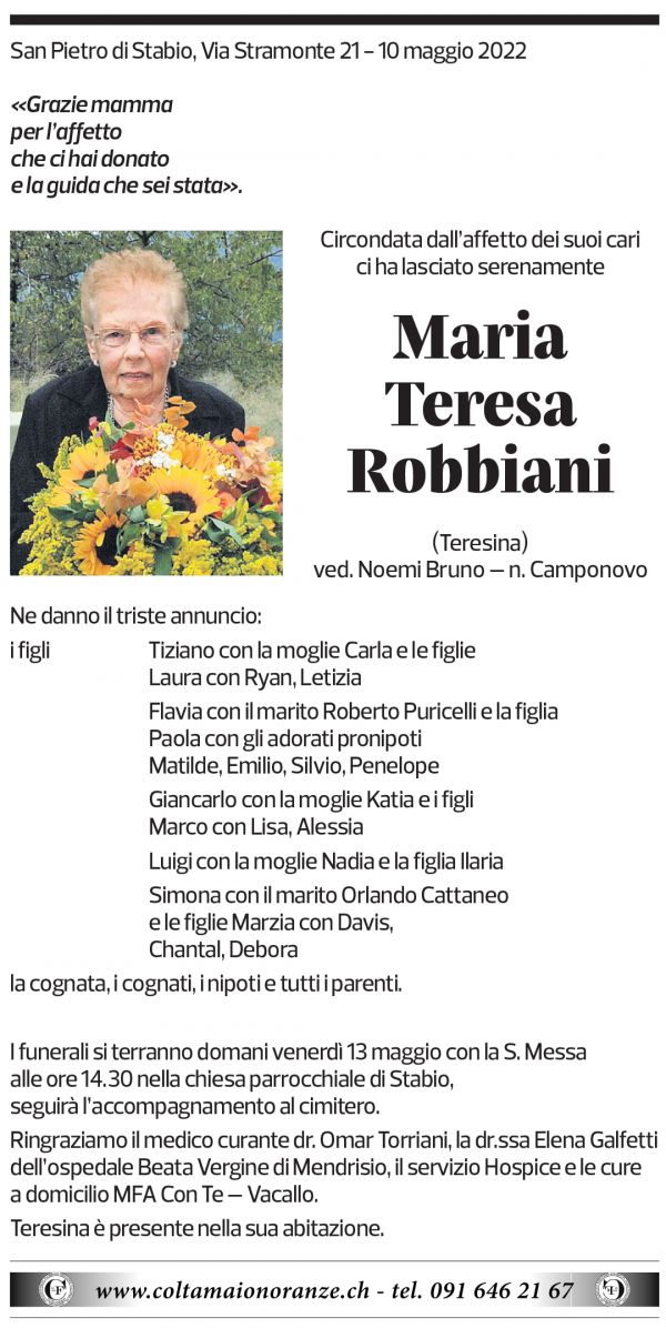 Annuncio funebre Maria Teresa Robbiani