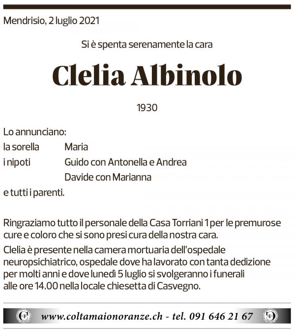 Annuncio funebre Clelia Albinolo