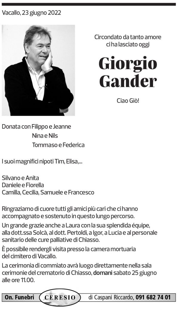 Annuncio funebre Giorgio Gander