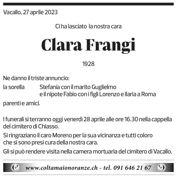 Annuncio funebre Clara Frangi