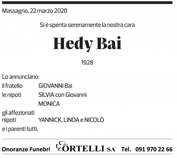 Annuncio funebre Hedy Bai