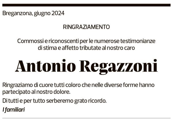 Annuncio funebre Antonio Regazzoni