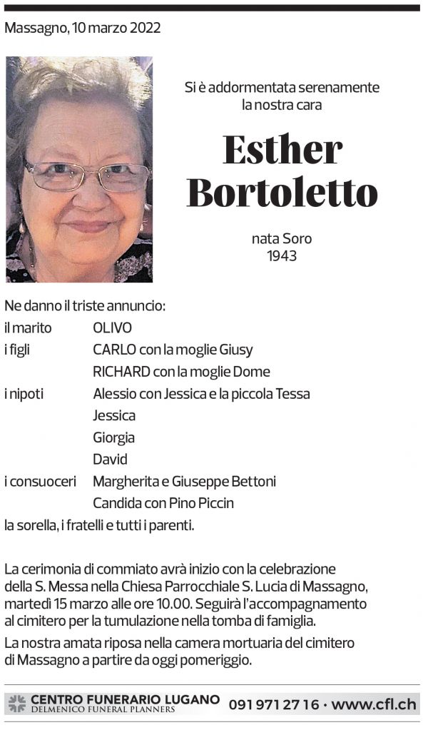 Annuncio funebre Esther Bortoletto