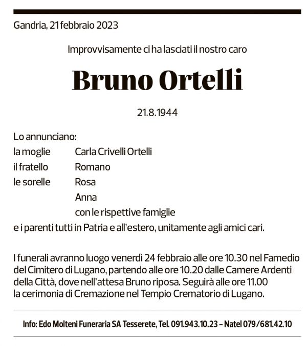 Annuncio funebre Bruno Ortelli