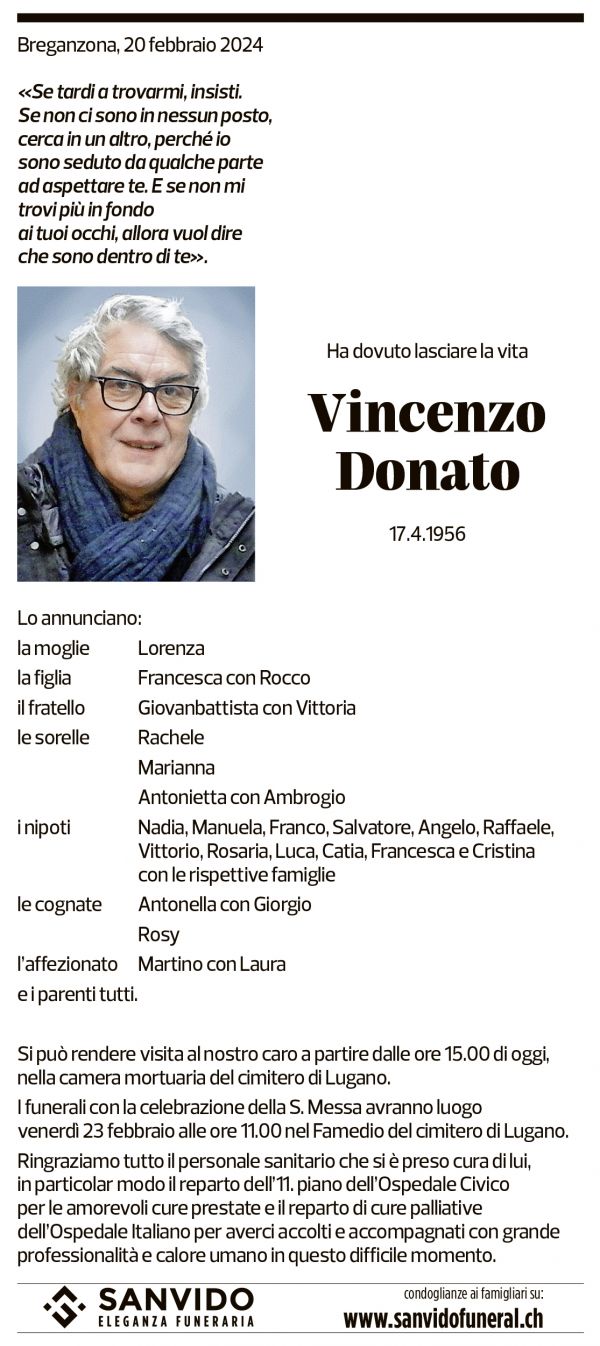 Annuncio funebre Vincenzo Donato