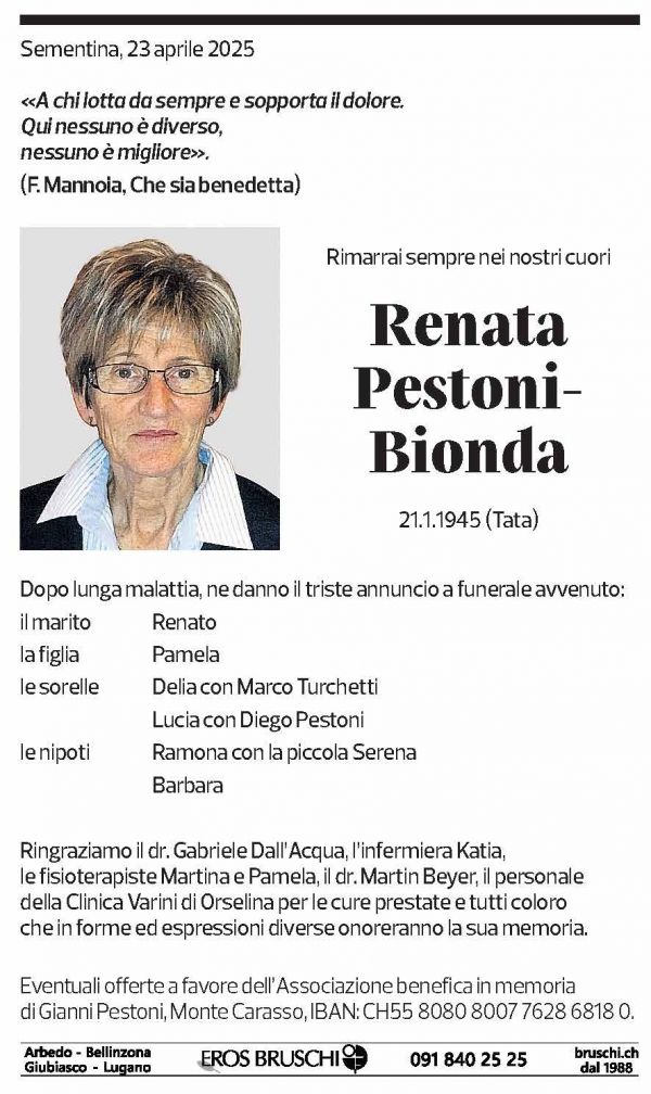 Annuncio funebre Renata Pestoni-bionda