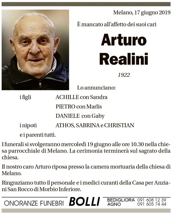Annuncio funebre Arturo Realini
