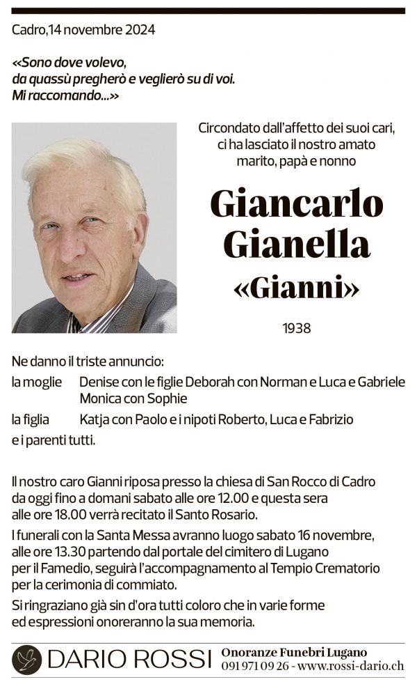 Annuncio funebre Giancarlo Gianella