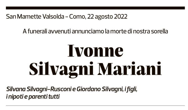 Annuncio funebre Ivonne Silvagni Mariani