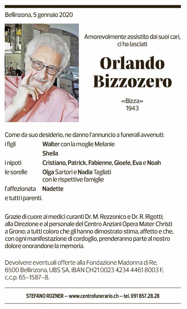 Annuncio funebre Orlando Bizzozero