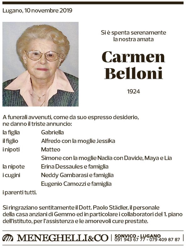 Annuncio funebre Carmen Belloni