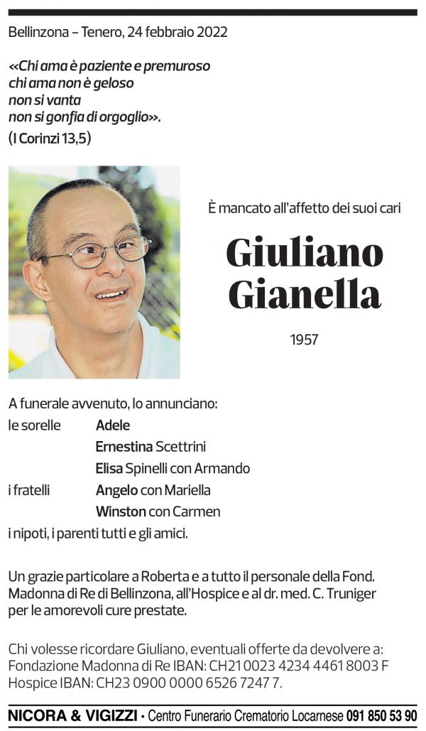 Annuncio funebre Giuliano Gianella