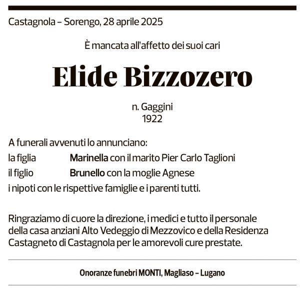 Annuncio funebre Elide Bizzozero
