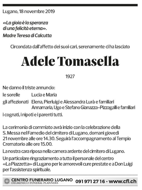 Annuncio funebre Adele Tomasella